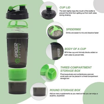Διαρροή 16oz γυμναστήριο γυμναστικής αθλητισμού πρωτεϊνικές αναμιγνύσεις Shaker μπουκάλι με δύο επιπλέον διαμερίσματα