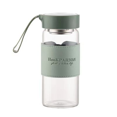 480 ml Custom Borosilicate γυάλινο μπουκάλι νερού με δερμάτινο μανίκι και τσαγιέρα