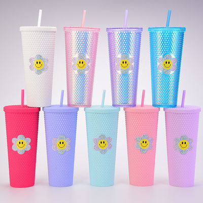 16oz 24oz Καφέ Κούπα Διπλό τοίχωμα πλαστικό ιριδής Ματ Κούπες Tumbler με άχυρο