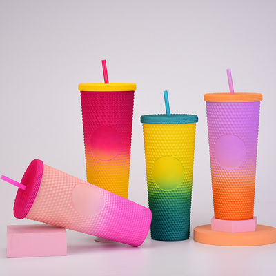 16oz 24oz Καφέ Κούπα Διπλό τοίχωμα πλαστικό ιριδής Ματ Κούπες Tumbler με άχυρο
