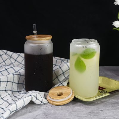 12oz/16oz/25oz Glass Milk Mug Sublimation Beer Can Shaped Cup με κάλυμμα από μπαμπού και άχυρο